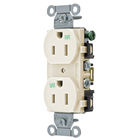 HUBBELL WIRING DEVICE-KELLEMS Straight Blade Devices, Receptacles, Weather-Resistant Duplex, Commercial/Industrial Grade, 2-Pole 3-Wire Grounding, 15A 125V, 5-15R, Single Pack. BR15LAWR